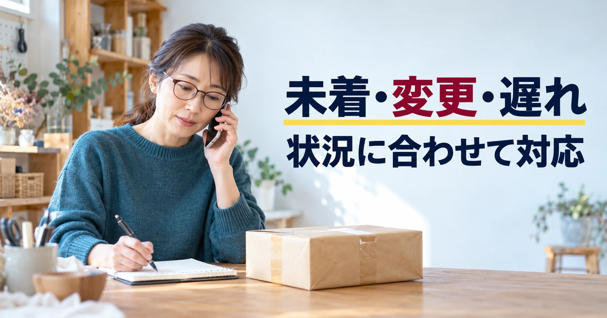 未着や変更・発送遅れについて注文記録を見ながら連絡する女性