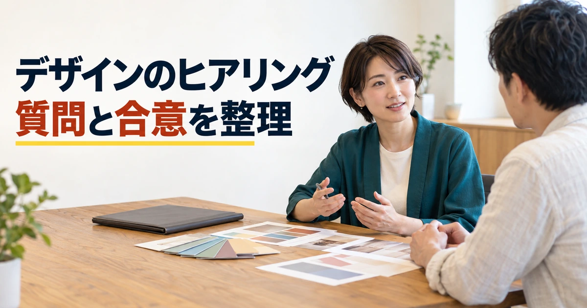 デザイン制作の目的と質問事項を相談するデザイナーと依頼者