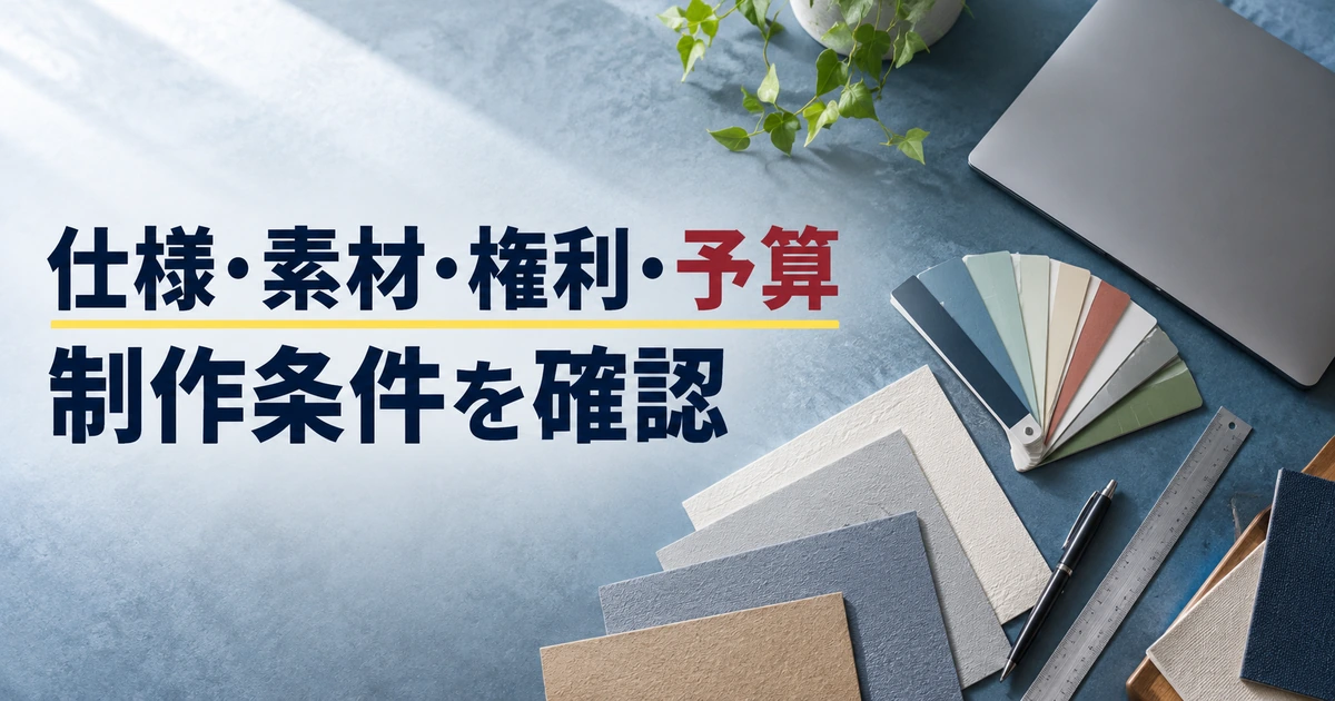 制作仕様や素材と条件を確認するデザイン作業机