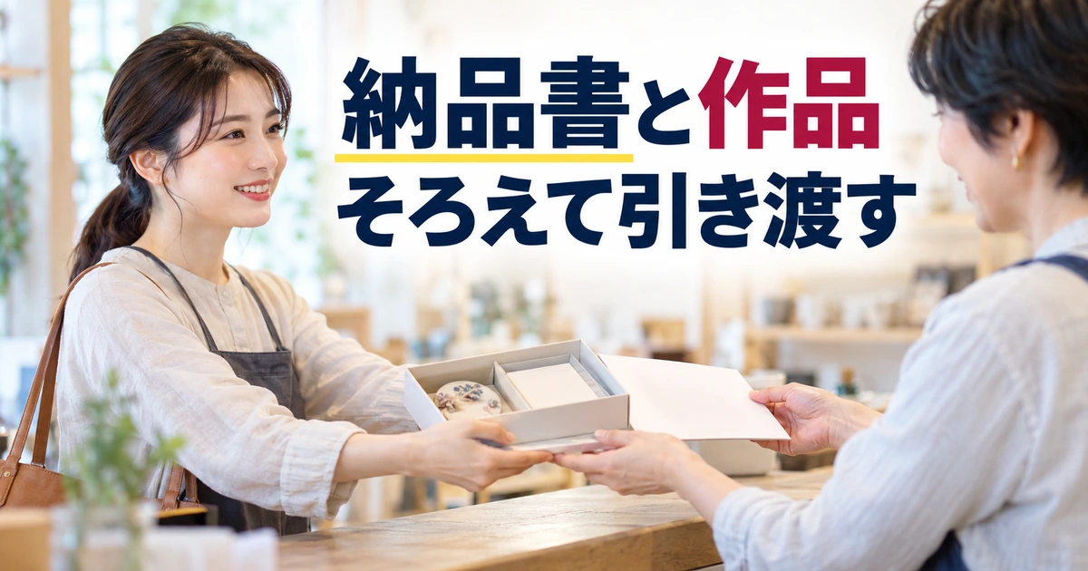 納品書と作品をそろえて委託先へ引き渡す場面