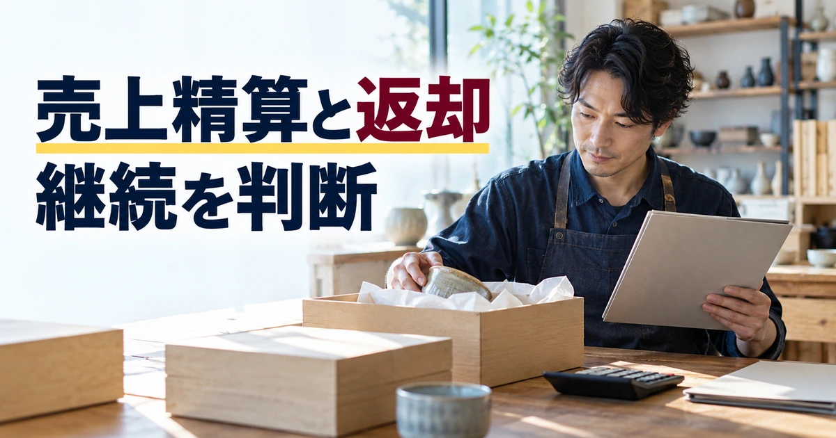 売上記録と返却作品を照合する男性作家