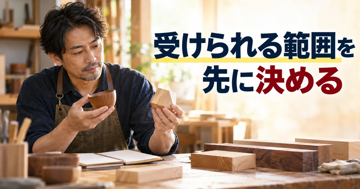 制作できる作品の範囲と材料を検討する木工作家