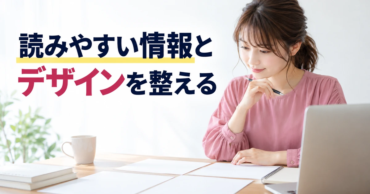 台紙に載せる情報と見やすい配置を検討する女性