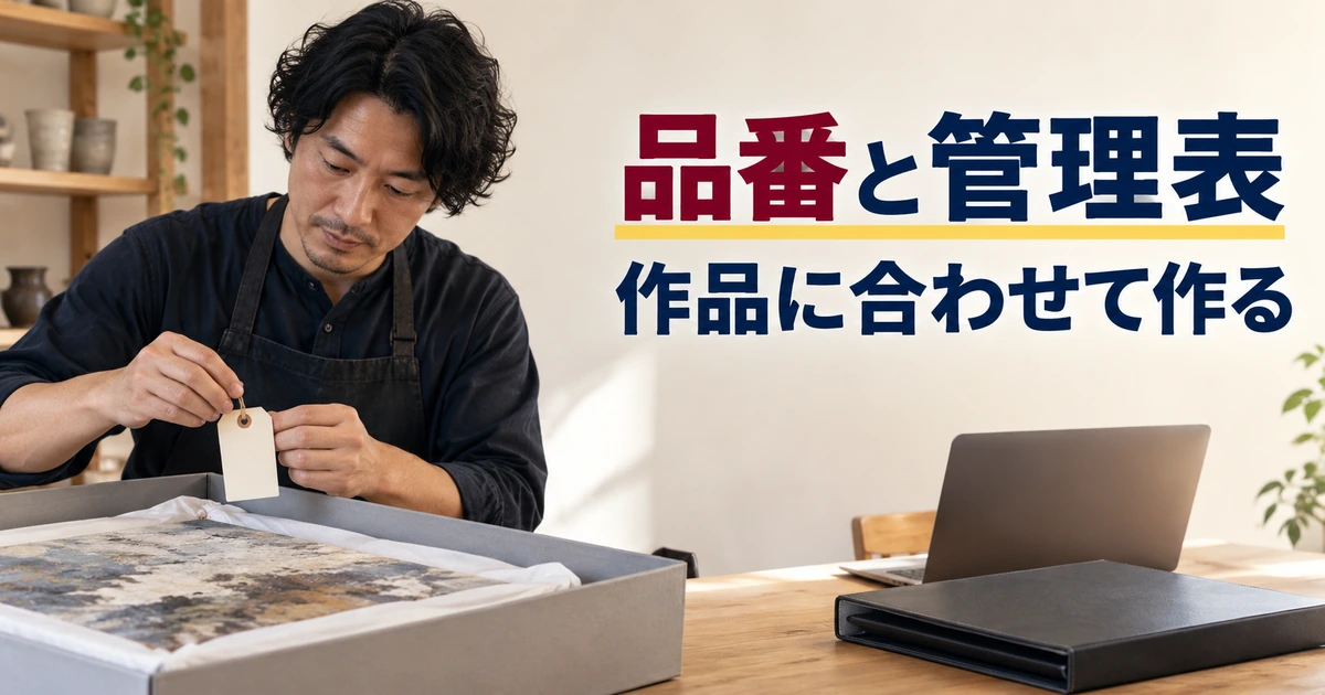作品の管理に使うタグと記録を整える男性