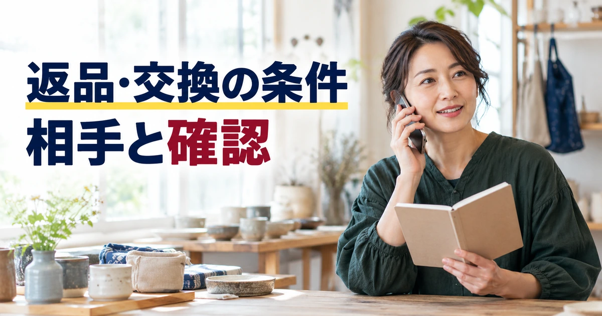 返品や交換の条件を取引相手と確認する女性