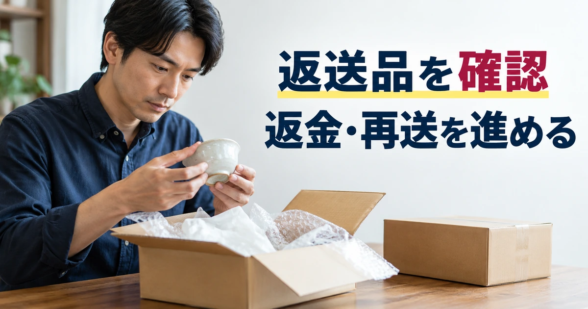 返送品の状態を確認して次の対応を準備する男性