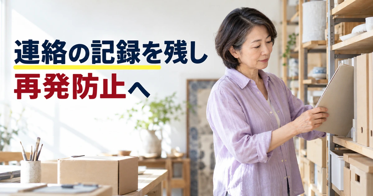 取引の連絡記録と再発防止の確認事項を整理する女性