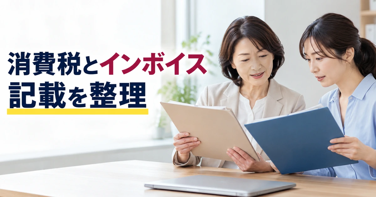 消費税とインボイスの記載について資料を確認する女性たち