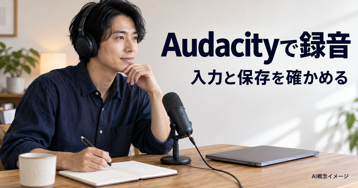 マイクとヘッドホンで録音を考える作業机のAI概念イメージ