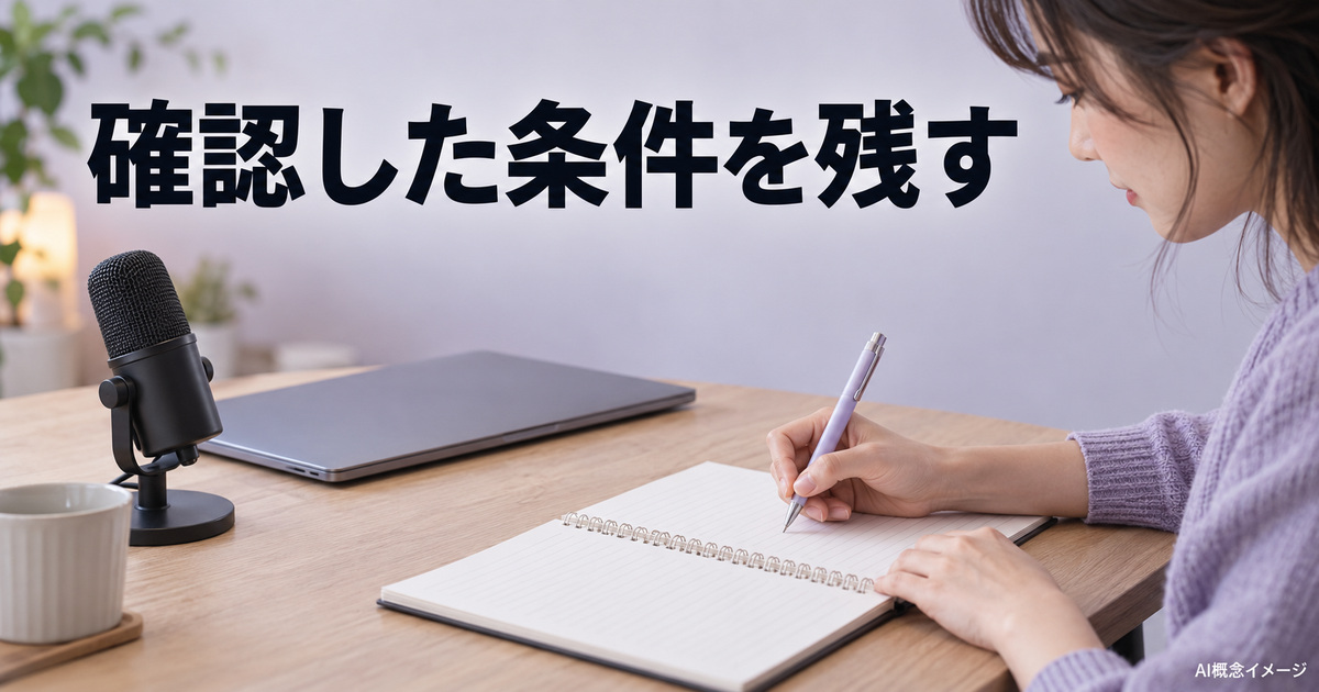 録音の条件と確認結果をノートへ残すAI概念イメージ