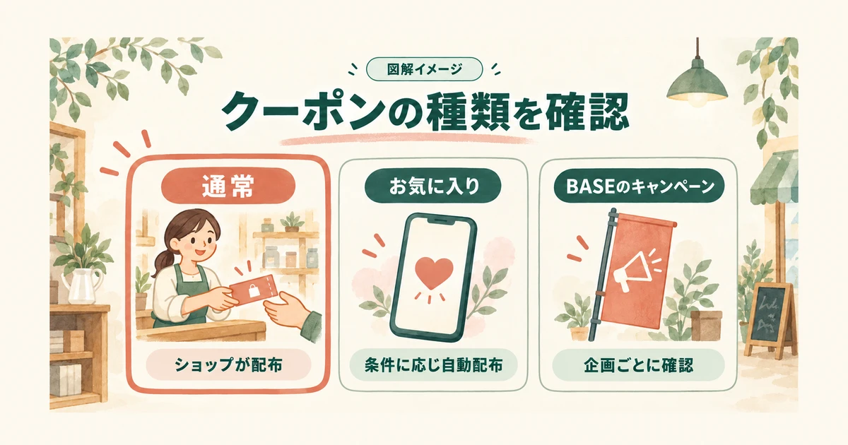 通常クーポン、お気に入りクーポン、BASEのキャンペーンを区別する三枚のカード