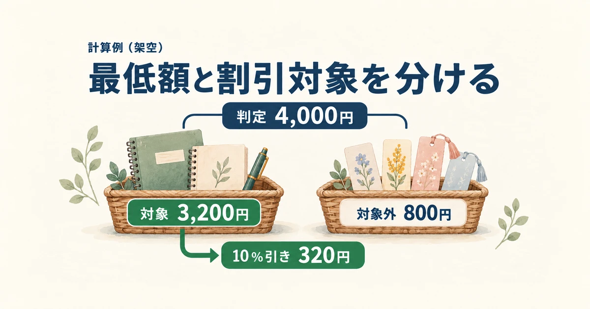 対象3,200円と対象外800円を合算して最低額を判定し、対象商品だけ320円値引きする計算図