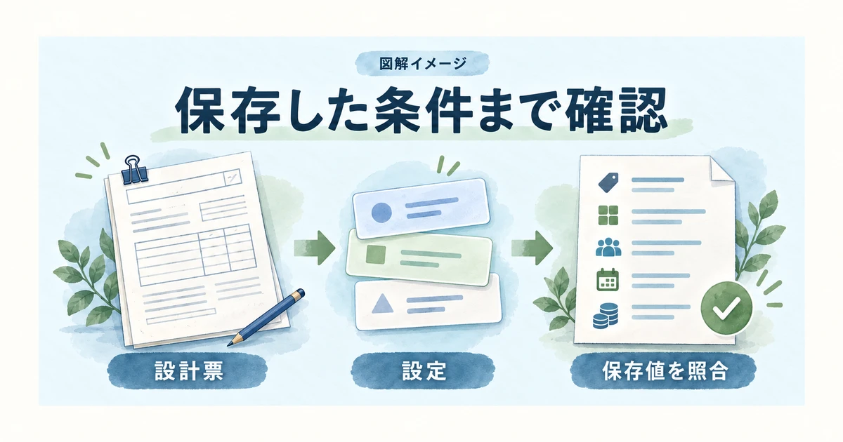設計票、設定、保存した条件の照合を三段階で示す図
