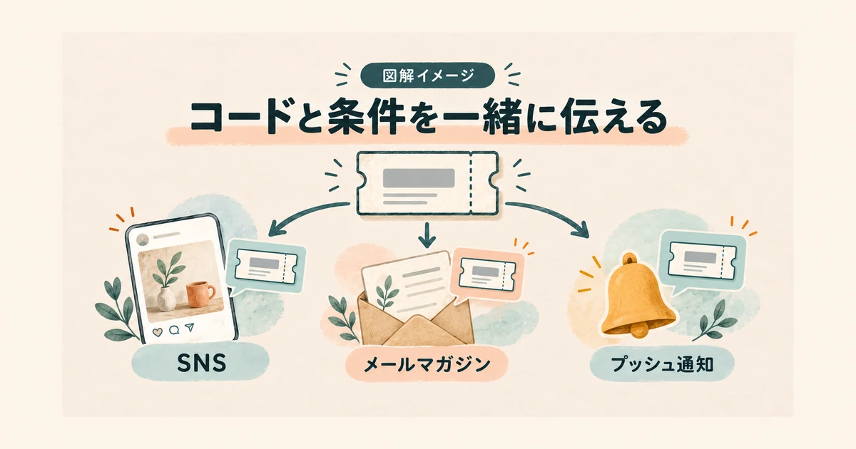 一つのクーポン条件メモから三つの配布先へ案内を作り分ける図