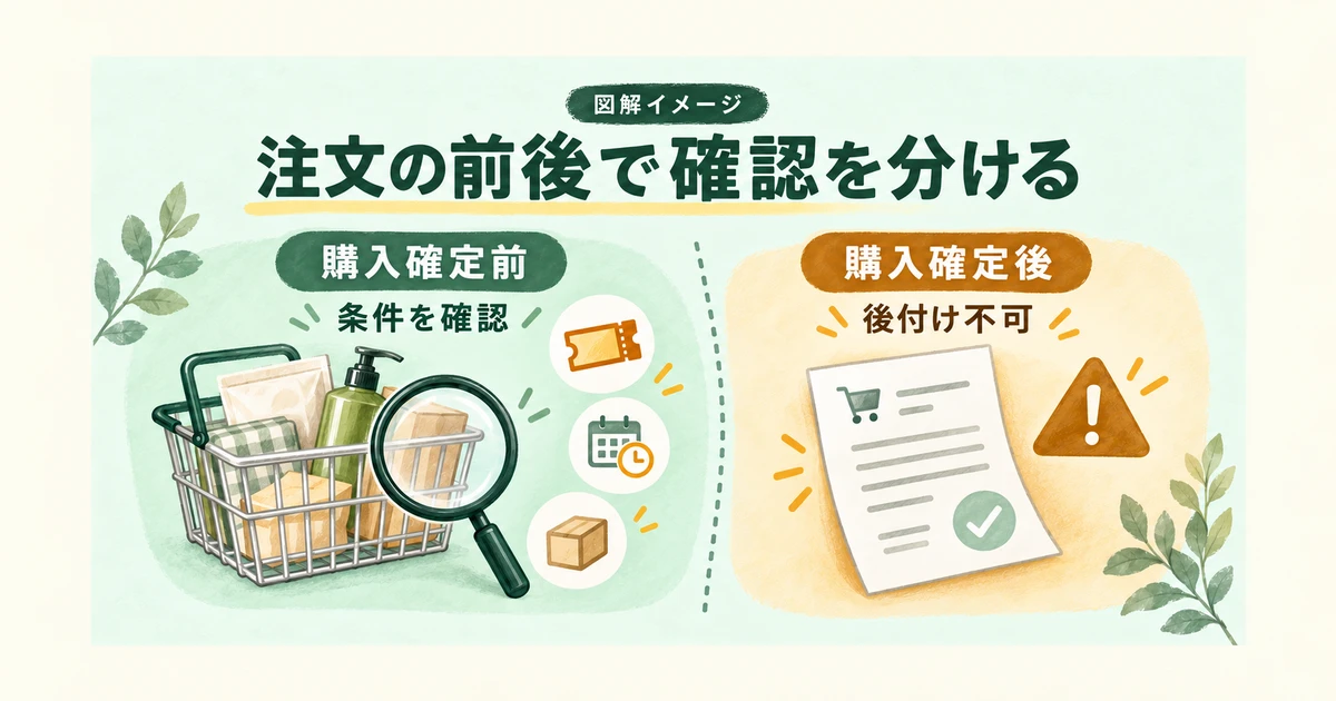 クーポンの相談を購入確定前の条件確認と確定後の対応に分ける図
