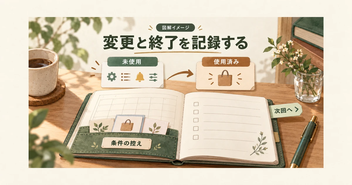 未使用と使用済みを分けて編集範囲を確認し、終了後の記録を残すイメージ