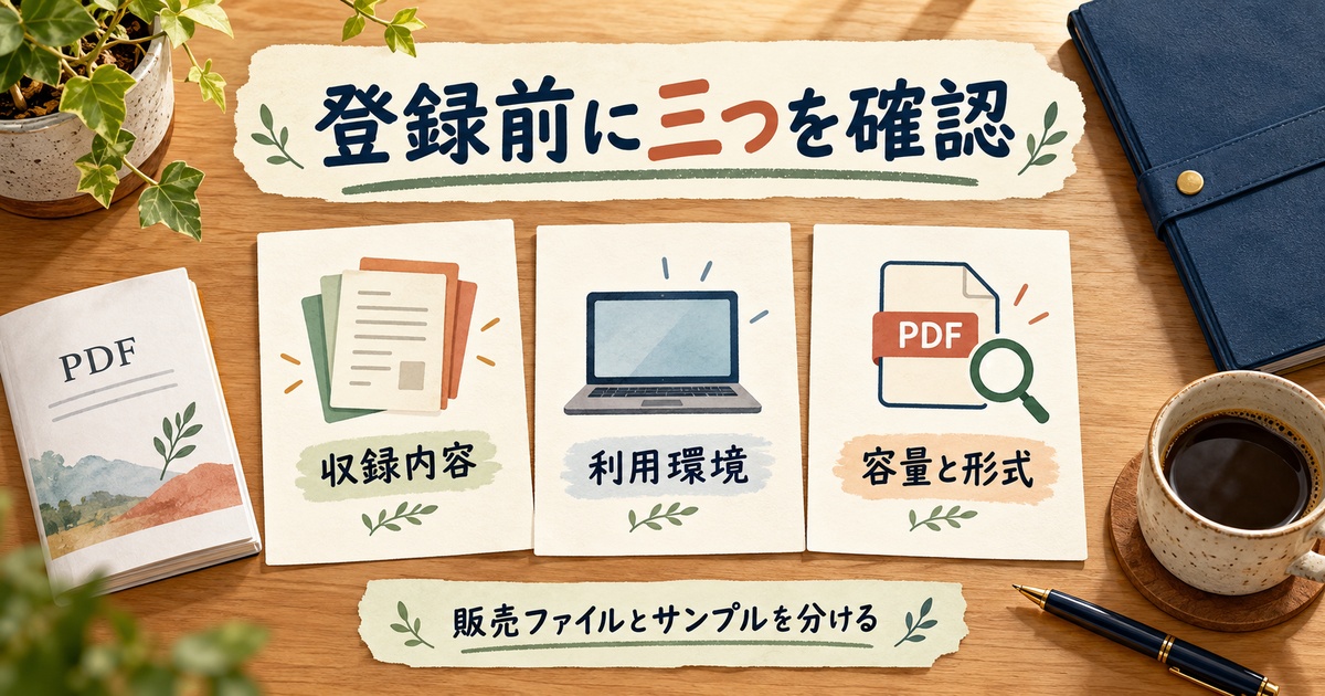 登録前に収録内容、利用環境、容量と形式を確認し、販売ファイルとサンプルを分ける図