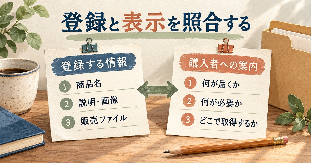 商品名、説明と画像、販売ファイルを、購入者が知りたい内容と照合する図