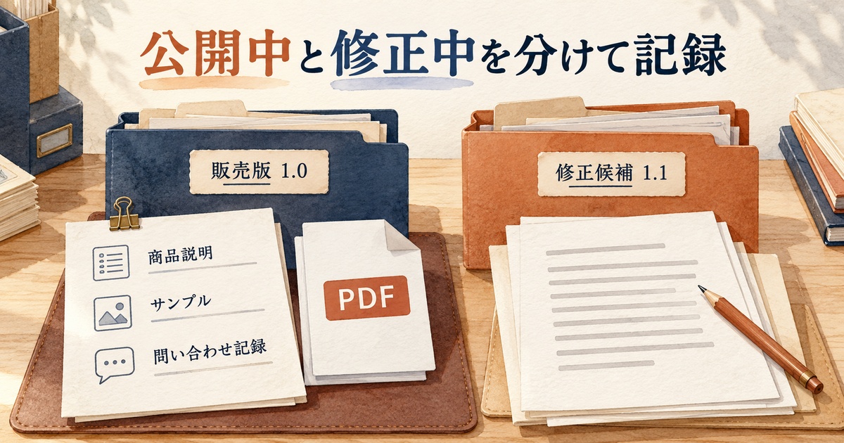 PDFの販売版1.0と修正候補1.1を別フォルダにし、商品説明、サンプル、問い合わせを記録する図