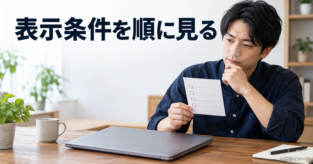 通知の表示条件を順番に確認する作業のAI概念イメージ
