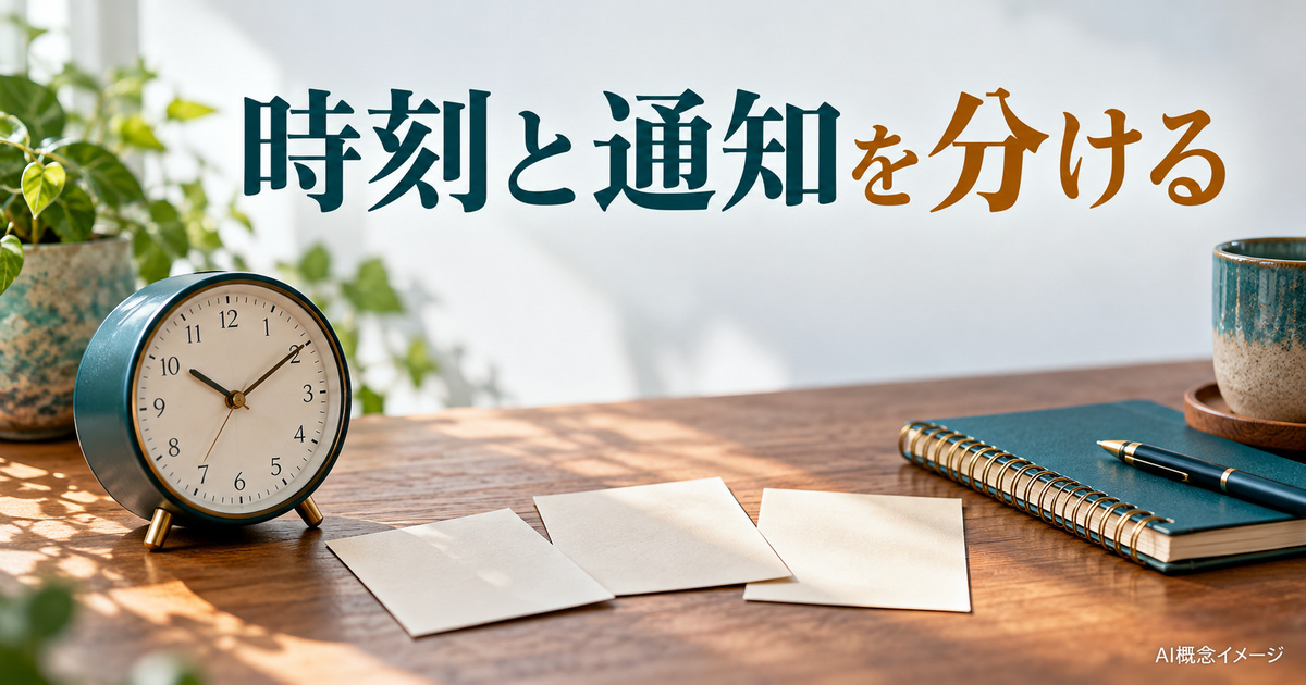 予定の時刻と通知の時刻を分けて記録するカードと時計のAI概念イメージ