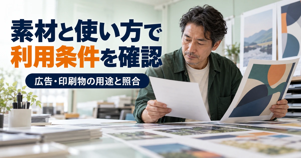 広告と印刷物の見本を利用条件の資料と照合する場面