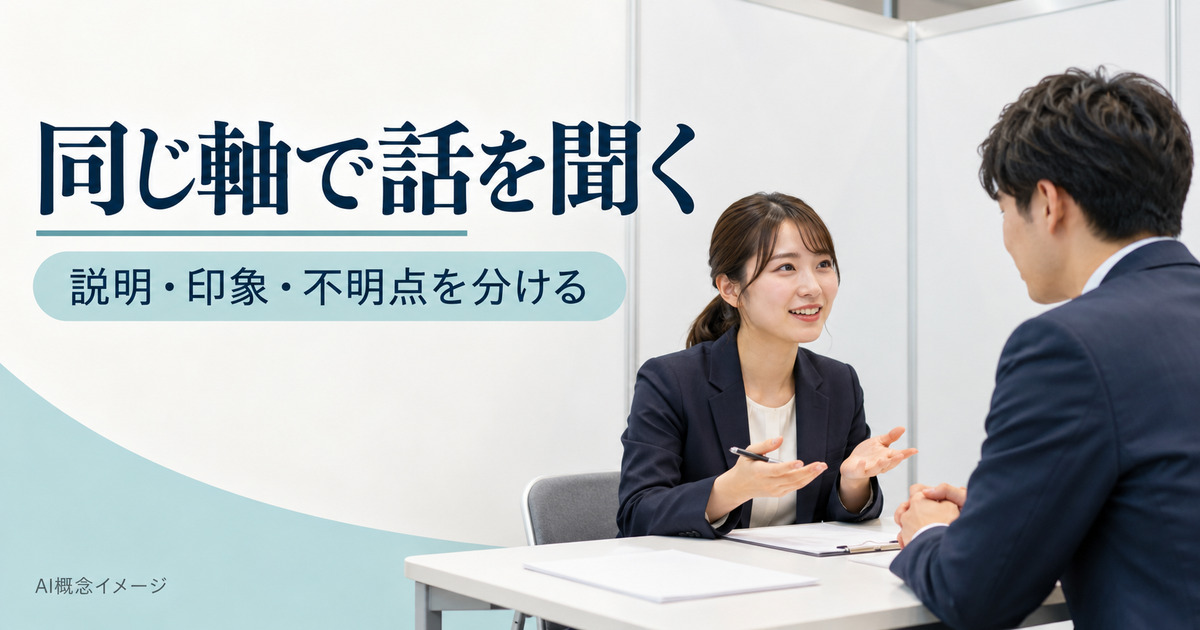 企業の説明を同じ比較軸で聞く架空場面のAI概念イメージ