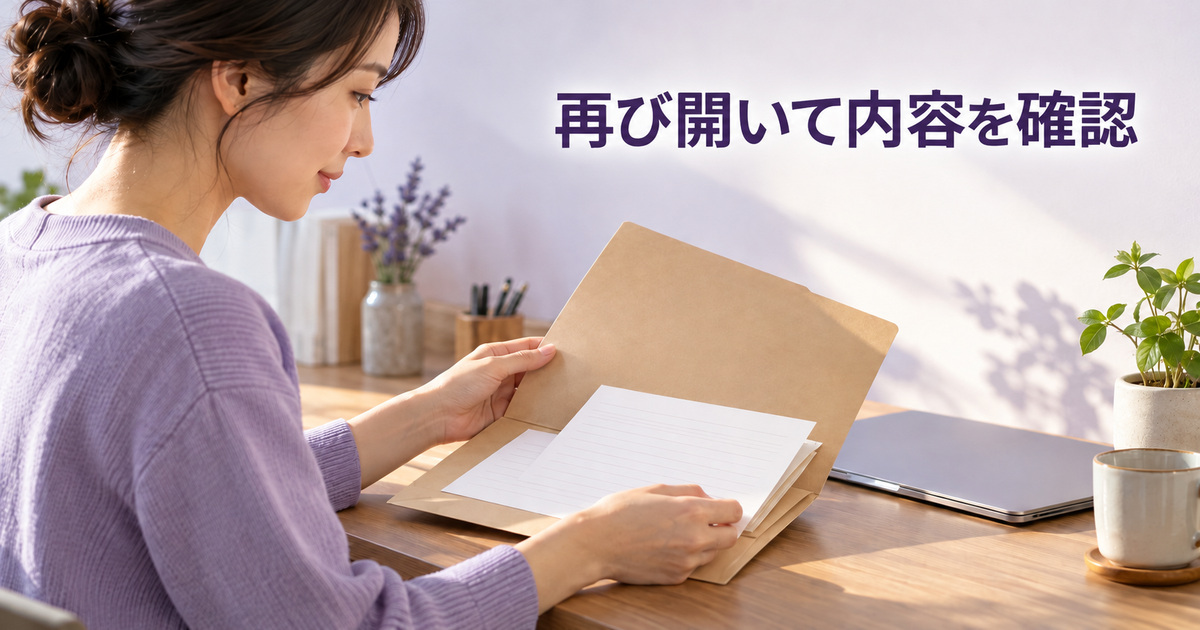 再び資料を開いて内容を確かめるAI概念イメージ