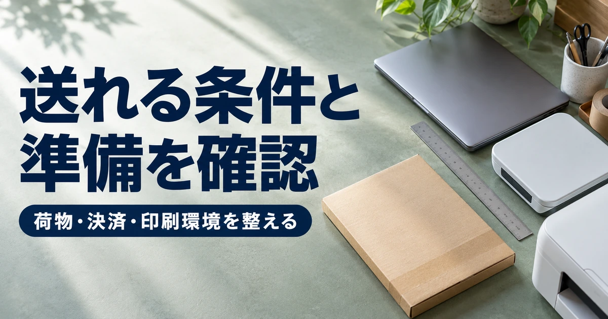 薄型封筒と測定道具とプリンタを並べ発送の準備を確認する俯瞰