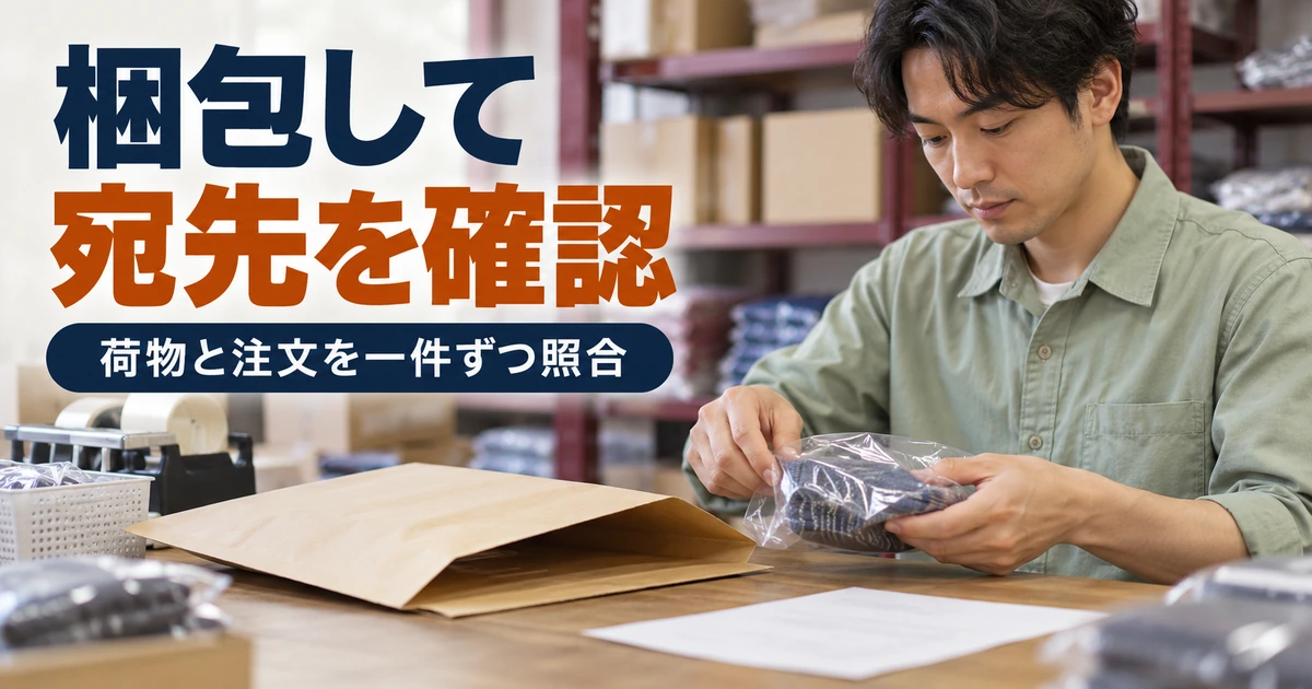 商品を保護袋に入れ荷物と注文の控えを確認する男性