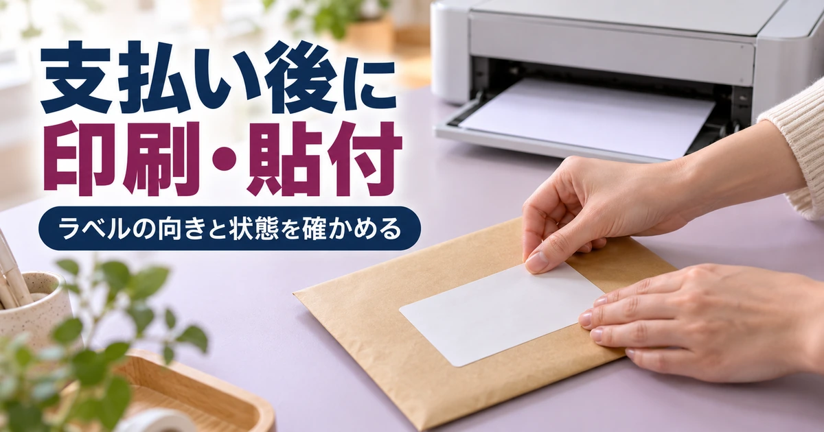 プリンタの前で白紙の説明用ラベルを封筒に平らに貼り付ける手元