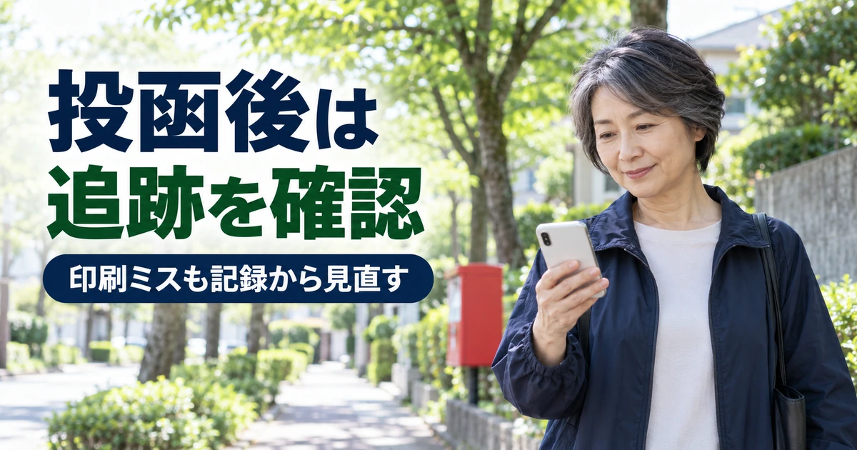 屋外のポスト付近で投函後にスマートフォンの記録を確認する女性