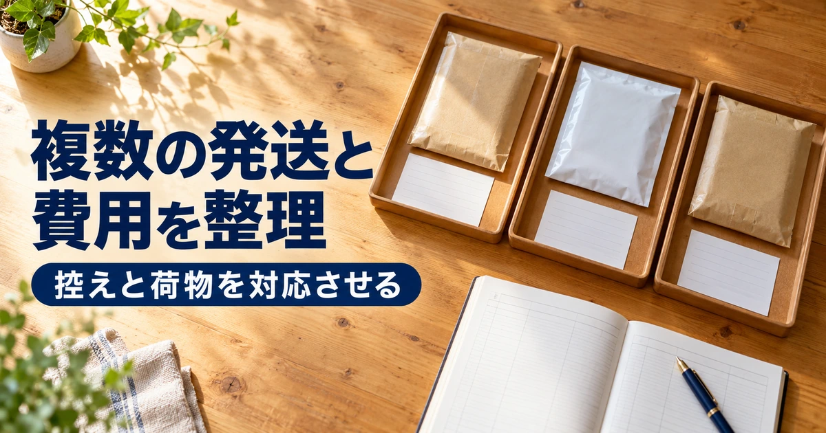 整頓した封筒と控えを一件ずつ並べ発送費用の記録を整理する俯瞰