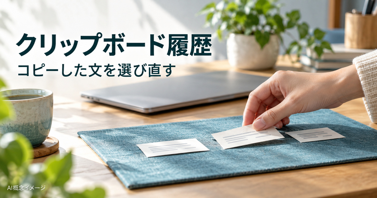 コピーした短文を選び直す机上の紙片とパソコンのAI概念イメージ