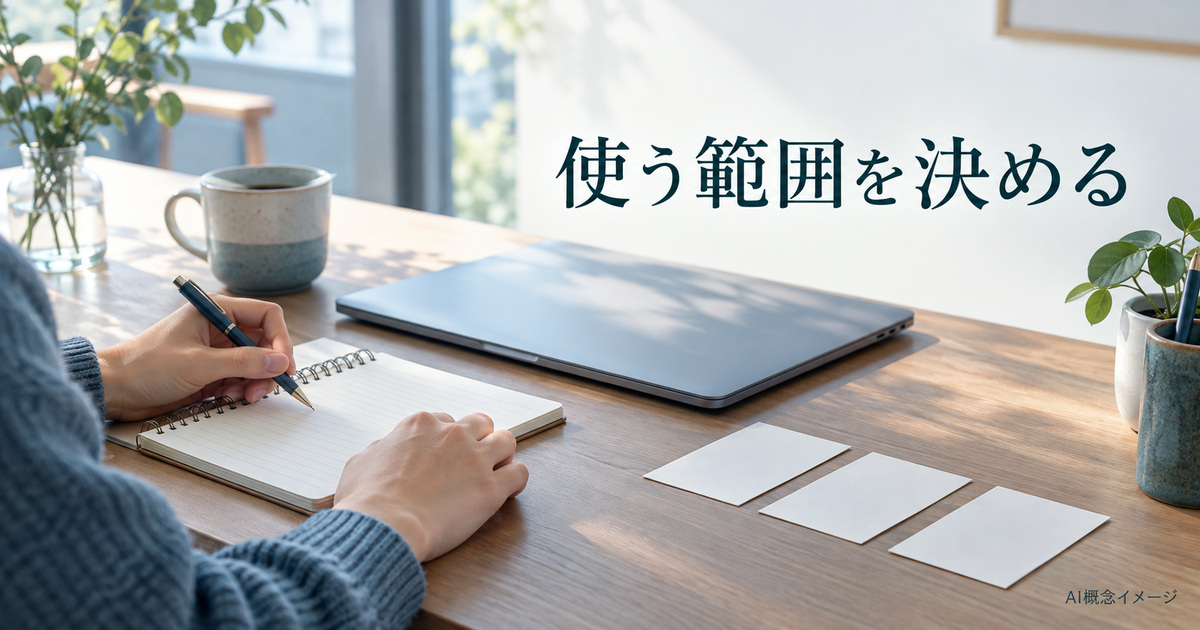 一台のPCで練習する範囲を決めるノートとカードのAI概念イメージ