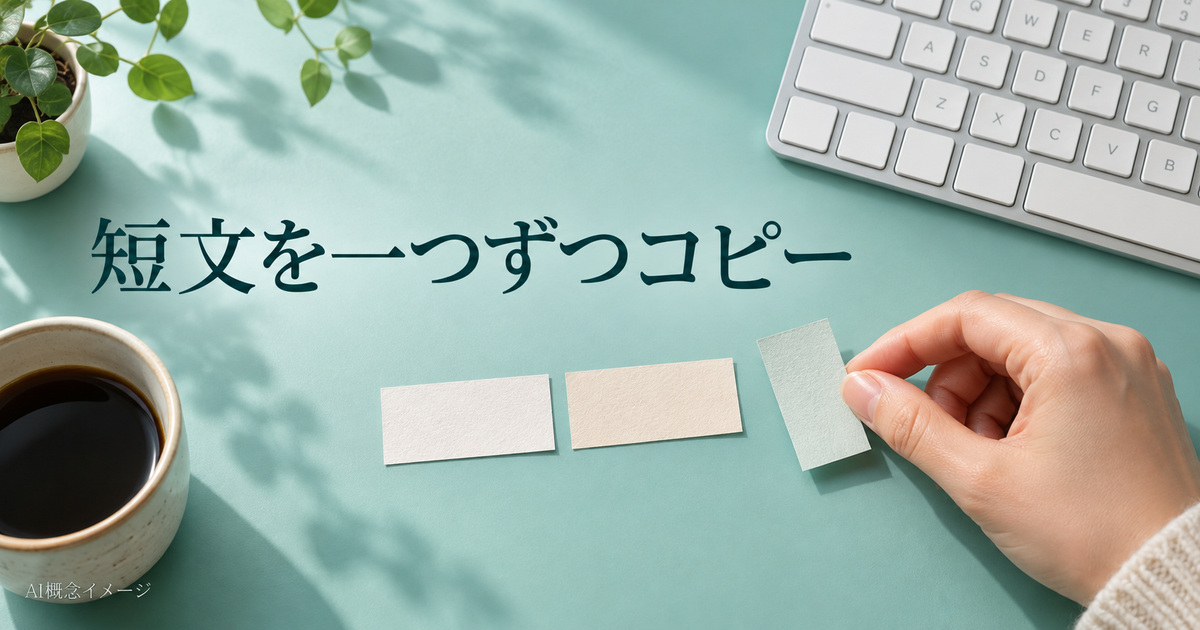 三つの短文を別々に扱う紙片とキーボードのAI概念イメージ