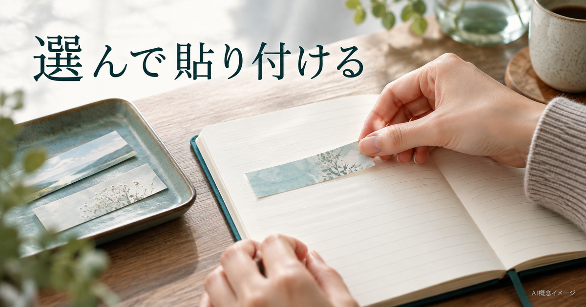 必要な一文を選んで置く紙片とノートのAI概念イメージ
