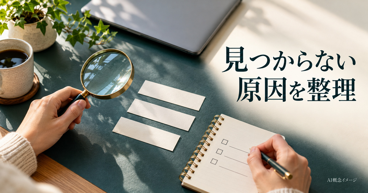 コピーした項目の確認順を考える虫眼鏡とメモのAI概念イメージ
