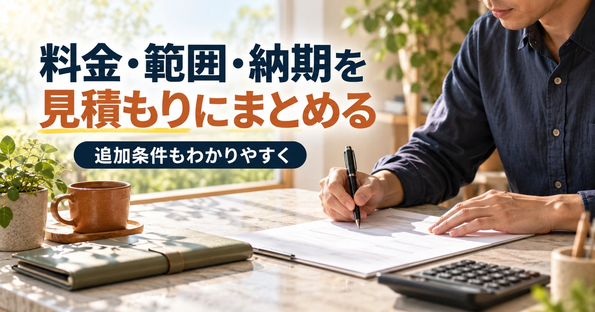 料金と作業範囲と納期を見積もりにまとめる場面