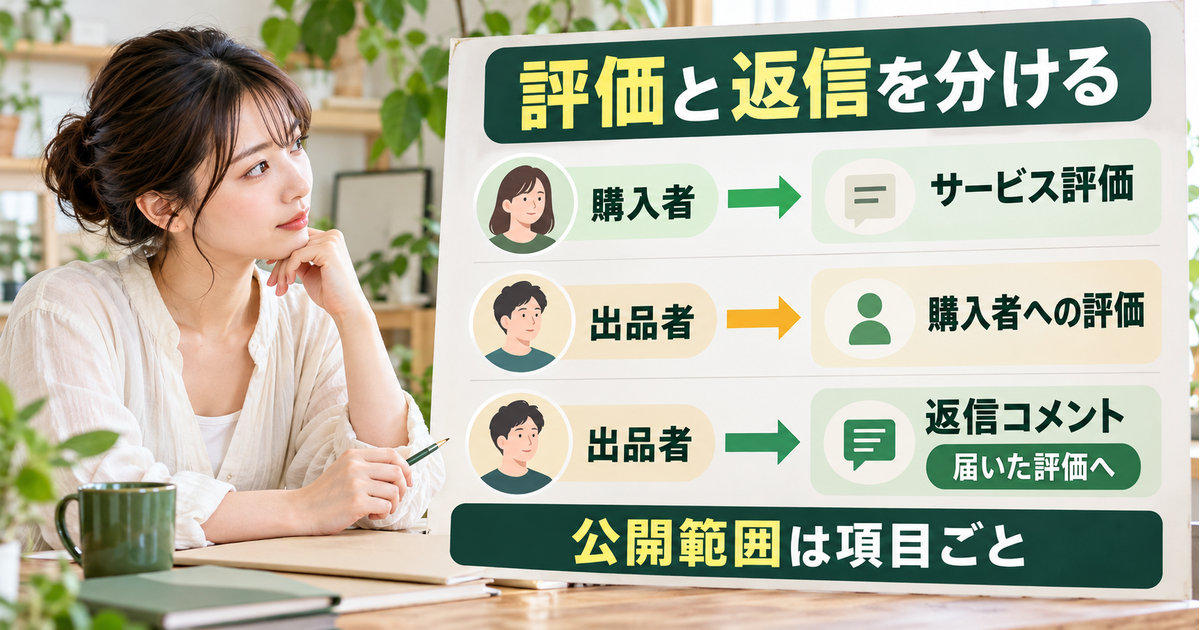 購入者のサービス評価、出品者の購入者への評価、届いた評価への返信コメントを区別する