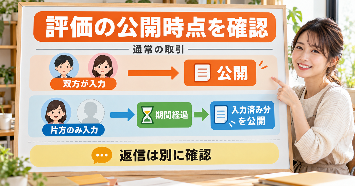 通常の取引で双方入力時と片方のみ入力して期間が経過した時の評価公開を分け、返信は別に確認する