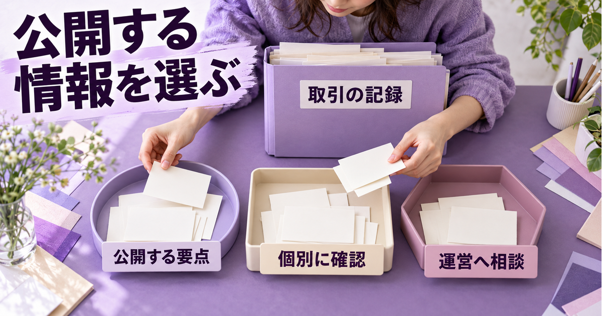 取引の記録から公開する要点、個別に確認する内容、運営へ相談する内容を選ぶ
