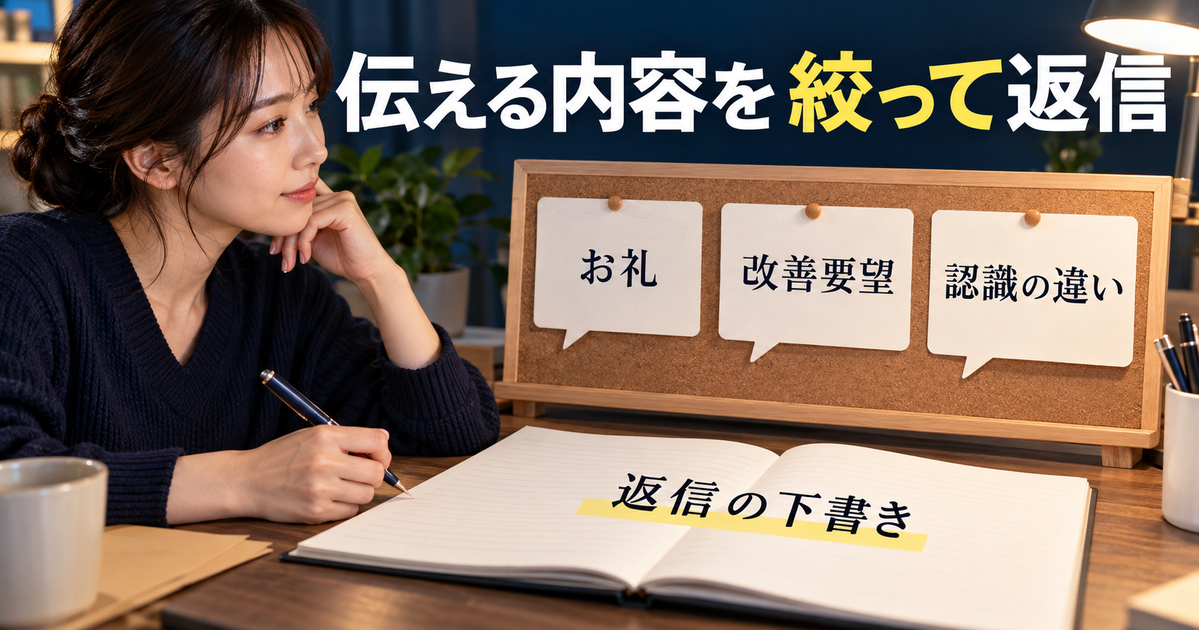 お礼・改善要望・認識の違いに合わせ、必要な内容を返信の下書きへ整理する