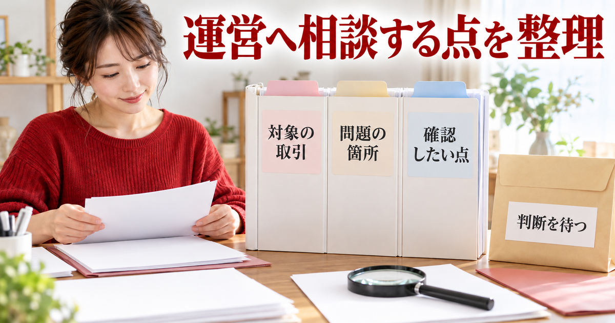 運営への相談に向けて対象の取引、問題の箇所、確認したい点を整理し、判断を待つ
