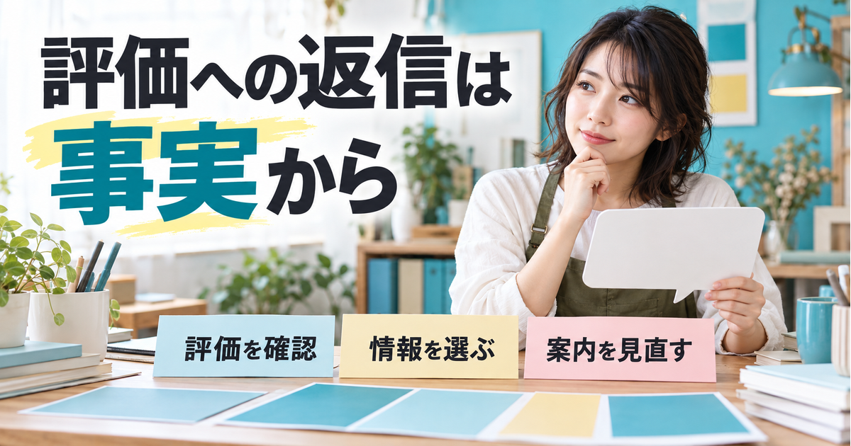 届いた評価を確認し、返信に書く情報を選んで次の案内を見直す出品者