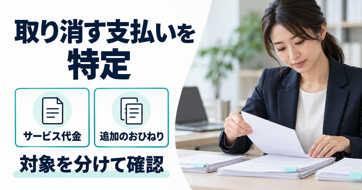 取消を相談する対象の支払記録を選び分ける様子
