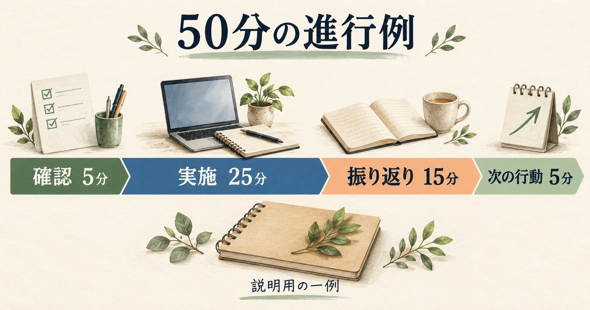 五十分のセッションを確認五分、実施二十五分、振り返り十五分、次の行動五分に分けた進行例