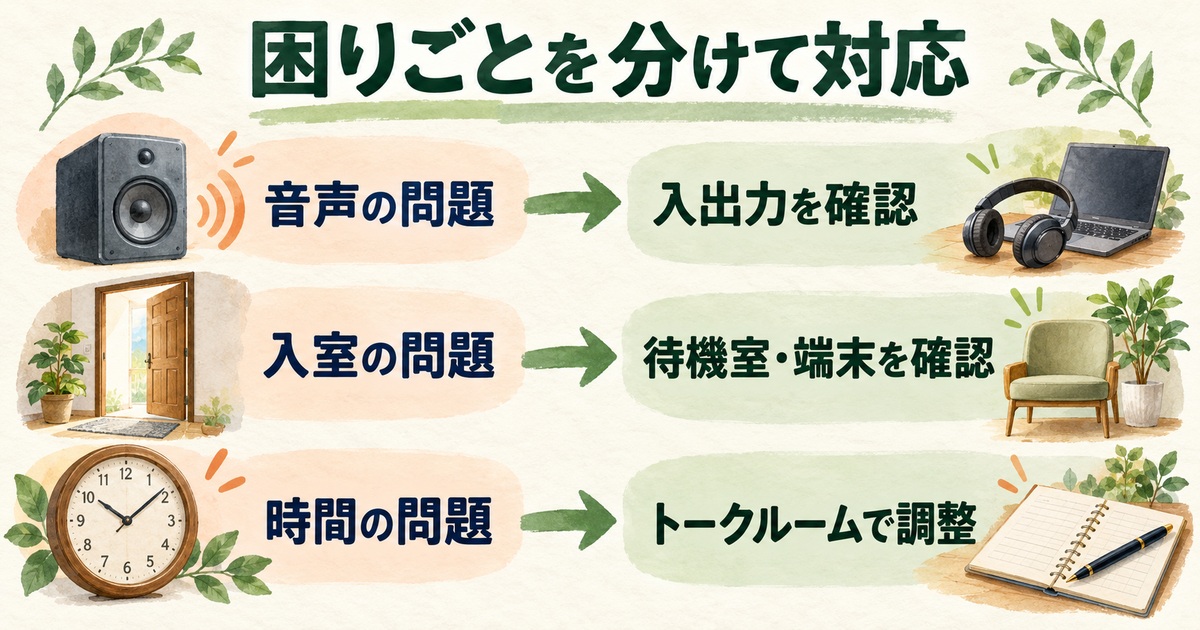 音声、入室、時間の問題ごとに機器、待機室と端末、トークルームでの調整を確認する図
