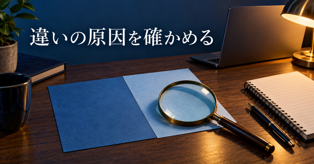 似た青の違いを拡大鏡と記録用紙で確認する場面