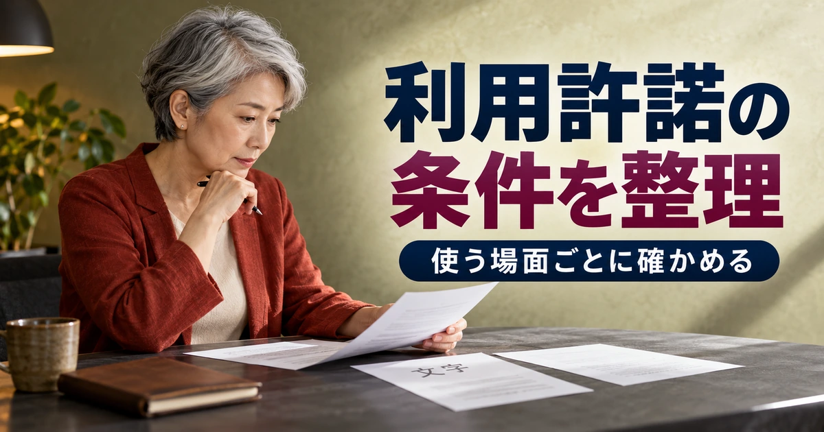 書体の見本と利用条件の資料を照合する女性